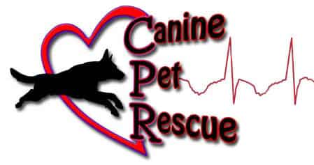 The logo for Canine Pet Rescue features a black silhouette of a dog leaping through a red heart outline, symbolizing care akin to that found at a veterinarian. "CPR" is prominently displayed with "Canine Pet Rescue" written vertically, and a red ECG line runs alongside.